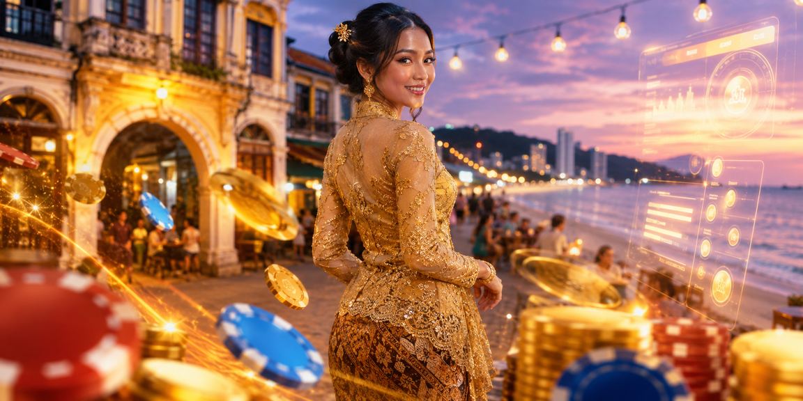 Wanita berbaju kebaya di Penang menyemak bonus cashback pertaruhan